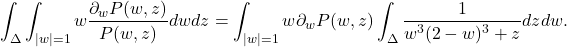 \[\int_\Delta \int_{|w|=1} w \frac{\partial_w P(w,z)}{P(w,z)}dw dz = \int_{|w|=1} w \partial_w P(w,z) \int_{\Delta} \frac{1}{w^3(2-w)^3+z} dz dw.\]